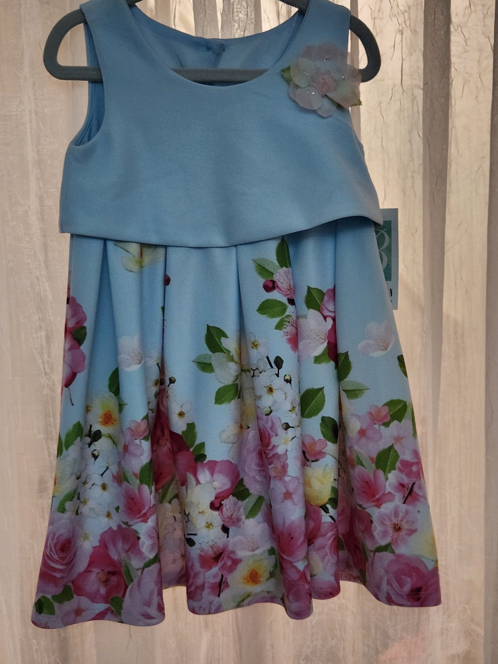 Bonnie Jean Light Blue Floral Party Dress with Flower Accent
